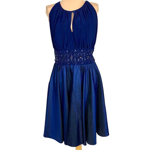 Jessica Howard Beaded Waist Keyhole Neck Cocktail Dress 14 Navy Blue Chiffon - Picture 2 of 10